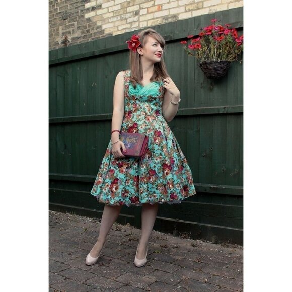Lindy Bop Ophelia Retro Pin Up Turquoise Floral Fit and Flare Swing Dress Medium - Picture 2 of 9